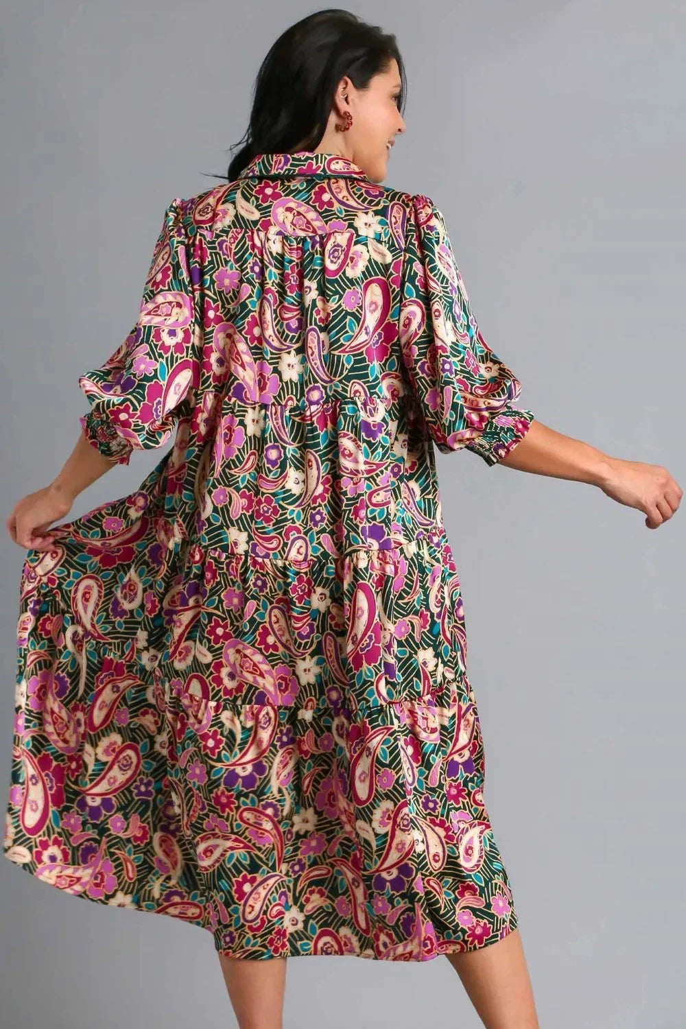 Umgee Full Size Paisley Print Satin Tiered Midi Dress Plus Size - Eva's Edition