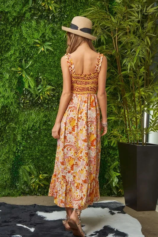 Multi Smocked Bodice Geo Ruffle Strappy Midi Dress - Eva's Edition