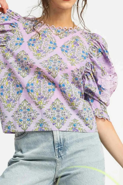 Printed Lace Puff Sleeve Blouse - Eva's Edition