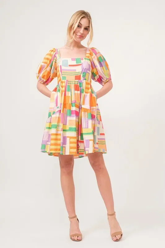 Square Neck Puff Sleeve Geo Printed Mini Dress - Eva's Edition