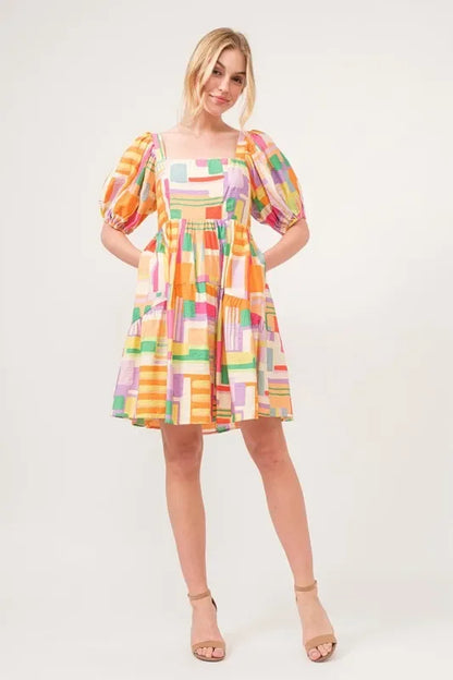 Square Neck Puff Sleeve Geo Printed Mini Dress - Eva's Edition