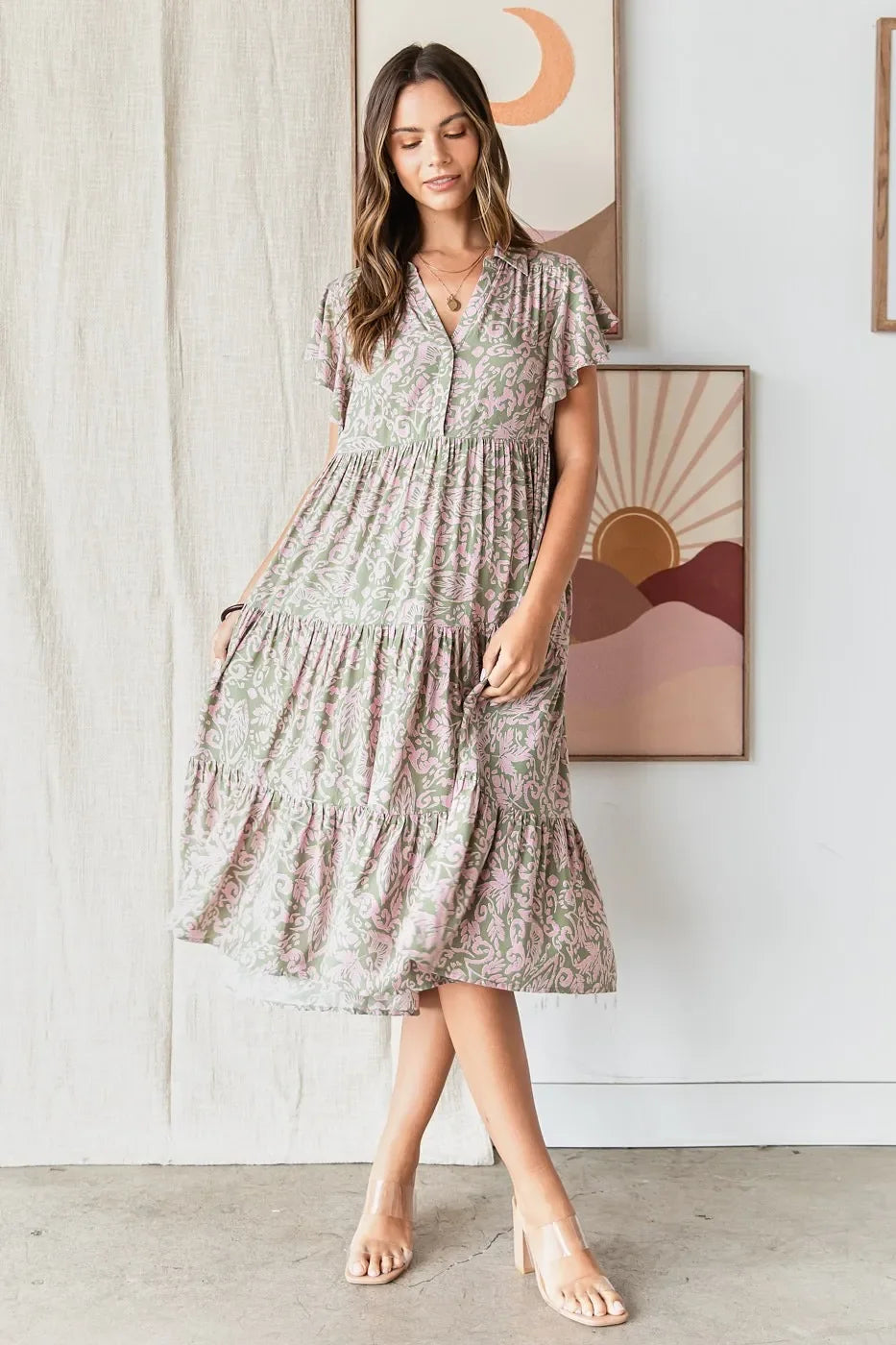 Abstract Print Ruffle Tier Midi Dress - Eva's Edition