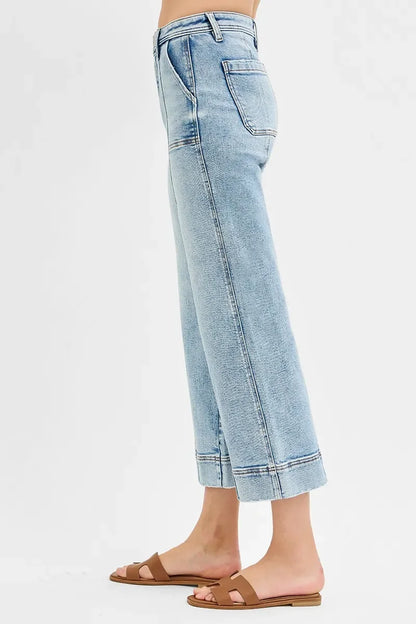 High Rise Crop Wide Front Seam Detailed Jeans Plus Size - Eva's Edition