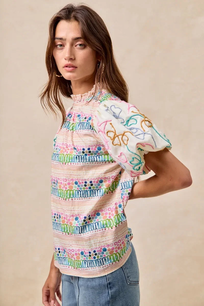 Ruffle Neckline Blouse with Embroidery Bubble Sleeve - Eva's Edition