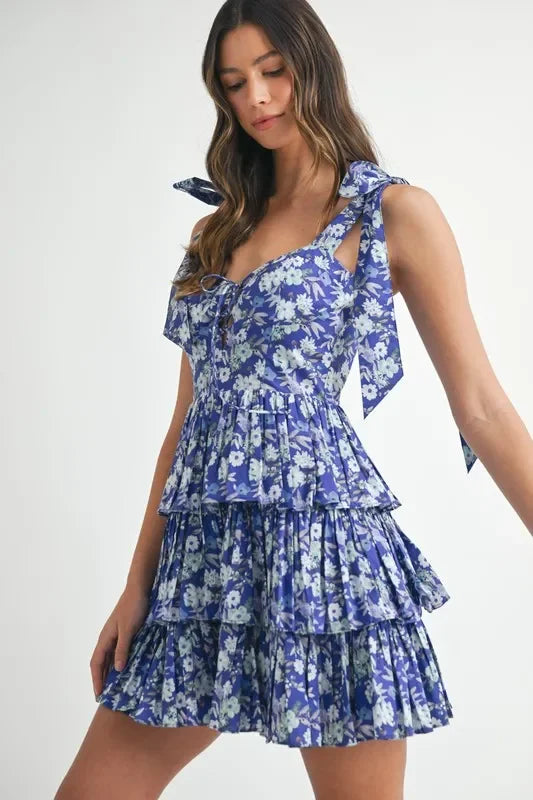 Floral Print Shoulder Tie Layered Mini Dress - Eva's Edition