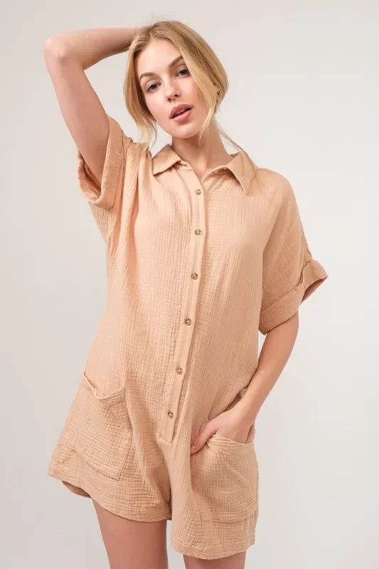 Gauze Roll-up Sleeve Comfort Utility Romper - Eva's Edition