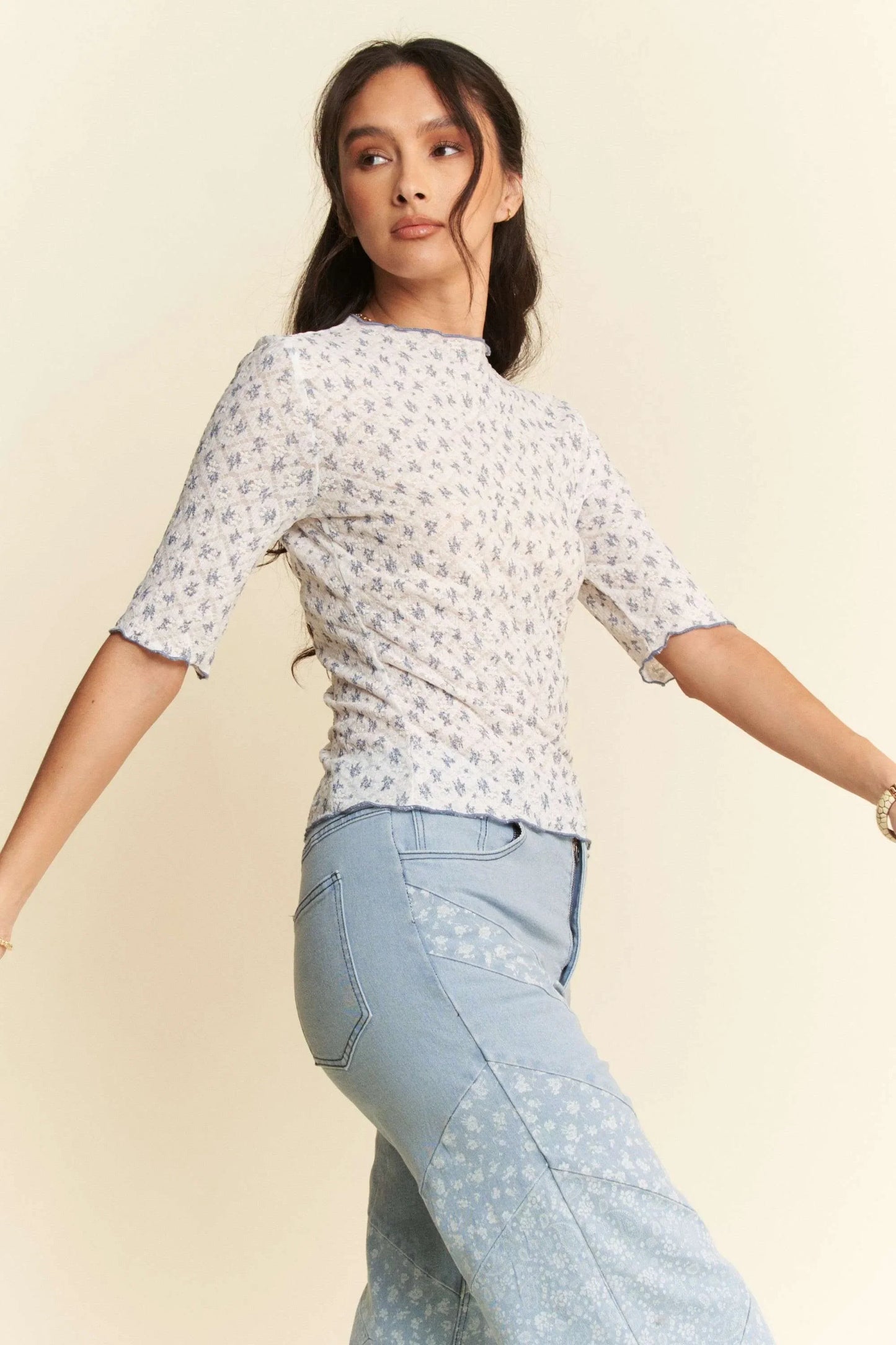 Laced Stretch Floral Marrow Edge Half Sleeve Top - Eva's Edition