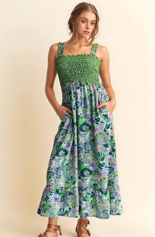 Multi Smocked Bodice Geo Ruffle Strappy Midi Dress - Eva's Edition