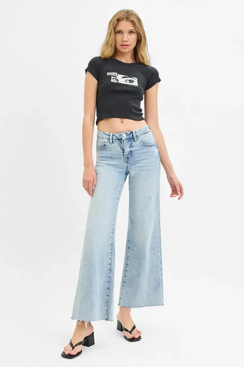 Tummy Control Low Rise Wide Leg Raw Cut Hem Jeans - Eva's Edition