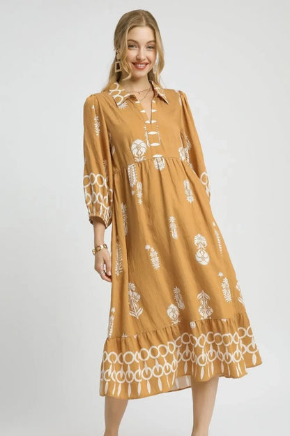 Ruffled Hem Printed Johnny Collar Midi Dress - Eva's Edition