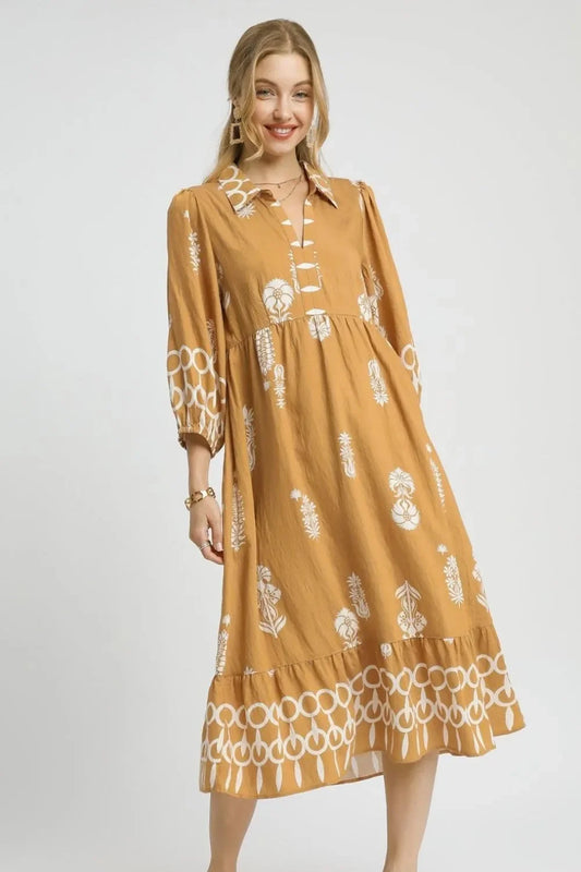 Ruffled Hem Printed Johnny Collar Midi Dress - Eva's Edition