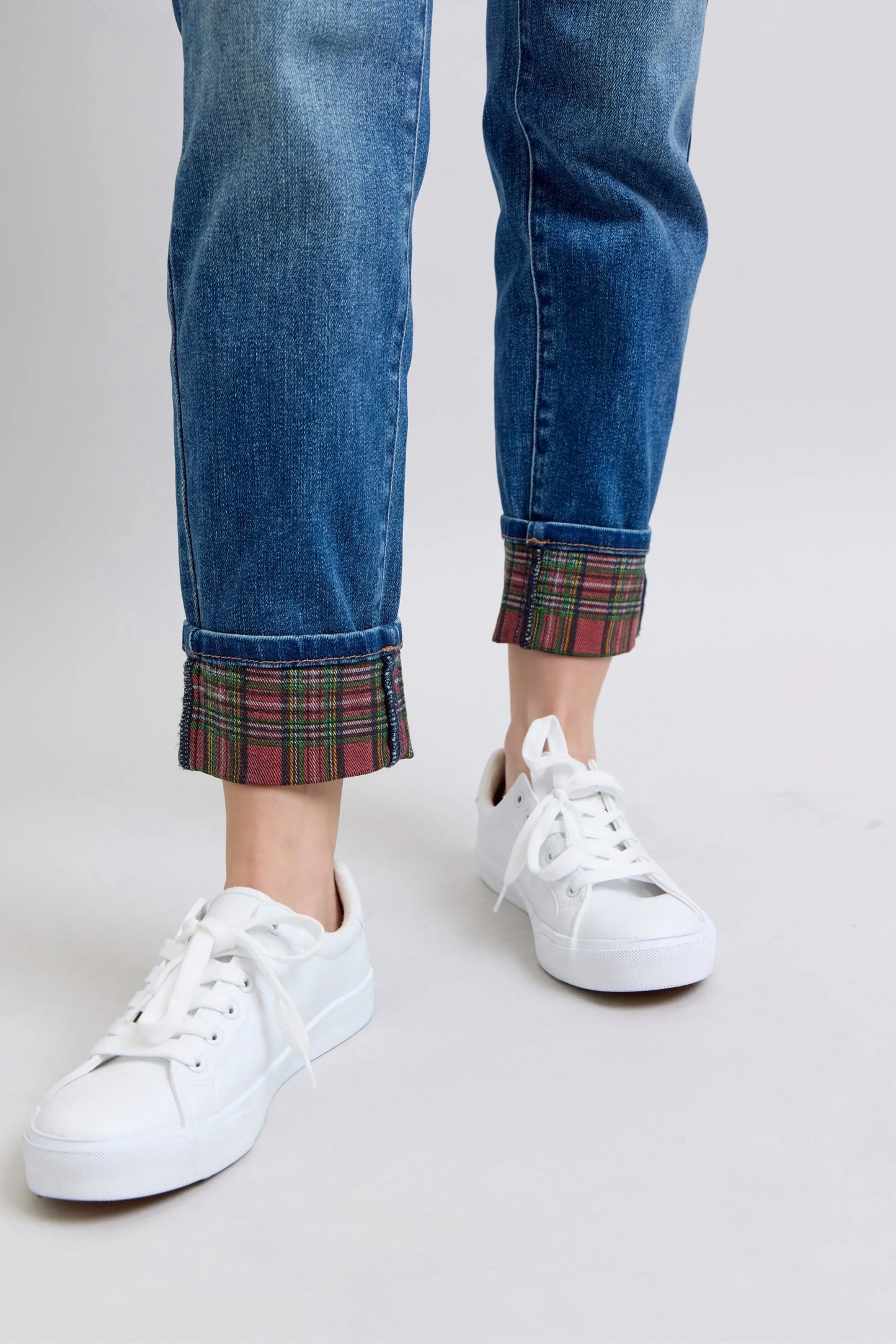 Plaid Print Cuff Bf Jeans Plus Size - Eva's Edition