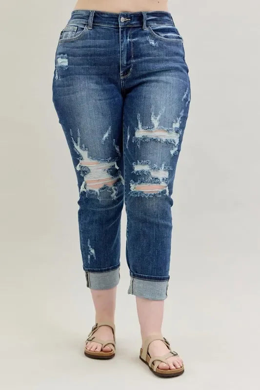Mid Rise Cuffed Destroy Bf Jeans Plus Size - Eva's Edition