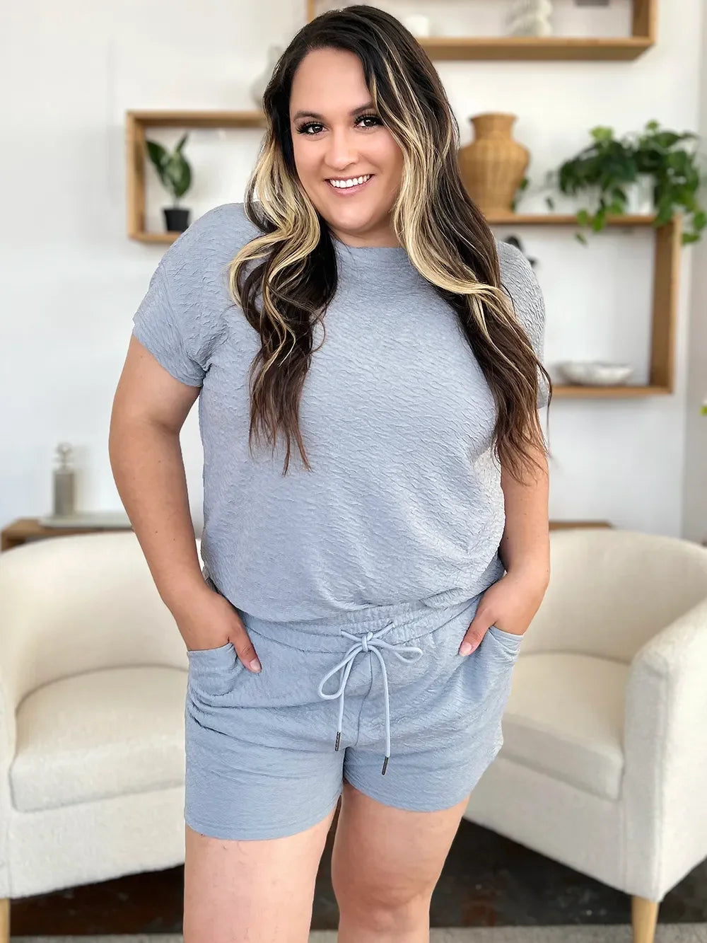 Textured Short Sleeve T-Shirt and Drawstring Shorts Set - Eva's Edition