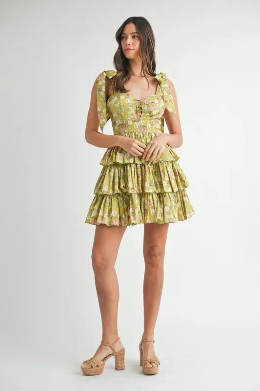 Floral Print Shoulder Tie Layered Mini Dress - Eva's Edition