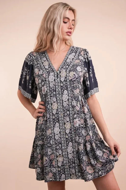 Shirring Detail Printed Woven Mini Dress - Eva's Edition
