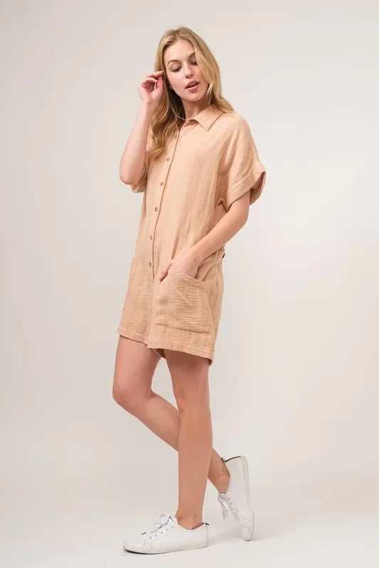 Gauze Roll-up Sleeve Comfort Utility Romper - Eva's Edition