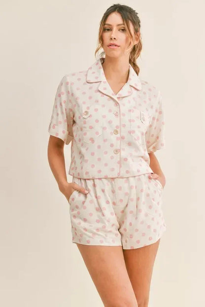 Polka Dot Collar Crop Top and Short Lounge Set - Eva's Edition