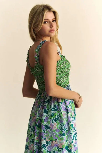 Multi Smocked Bodice Geo Ruffle Strappy Midi Dress - Eva's Edition