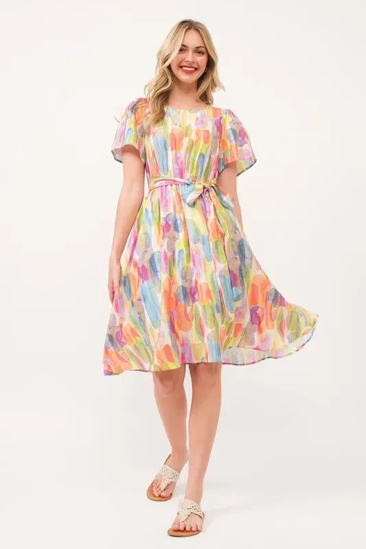 Watercolor Print Tie Front Midi Dress - Eva's Edition