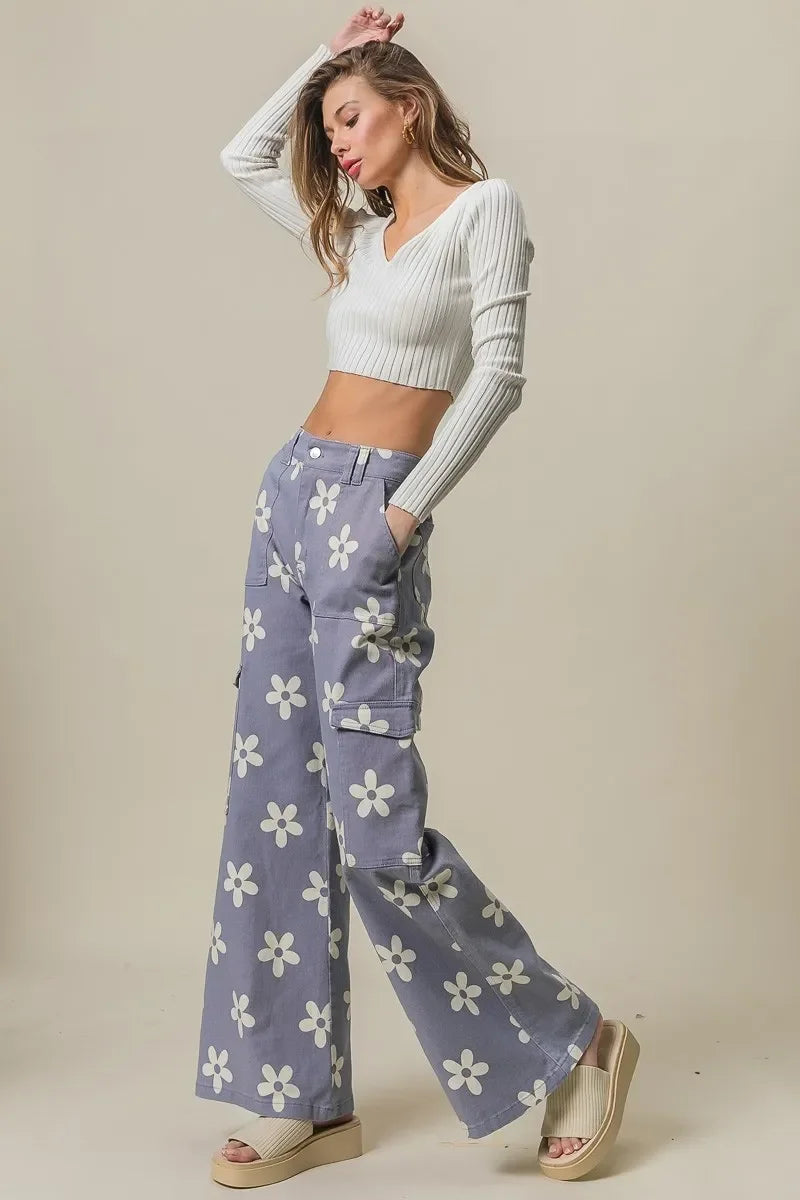 Flower Printed Side Pocket Wide Pants - Eva's Edition