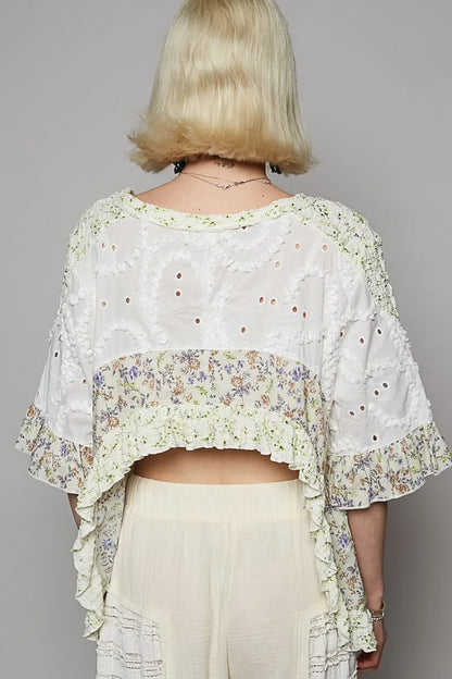 Floral Print Eyelet Ruffled Hem Blouse - Eva's Edition