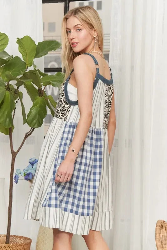 Patchwork Button Front Mini Dress - Eva's Edition