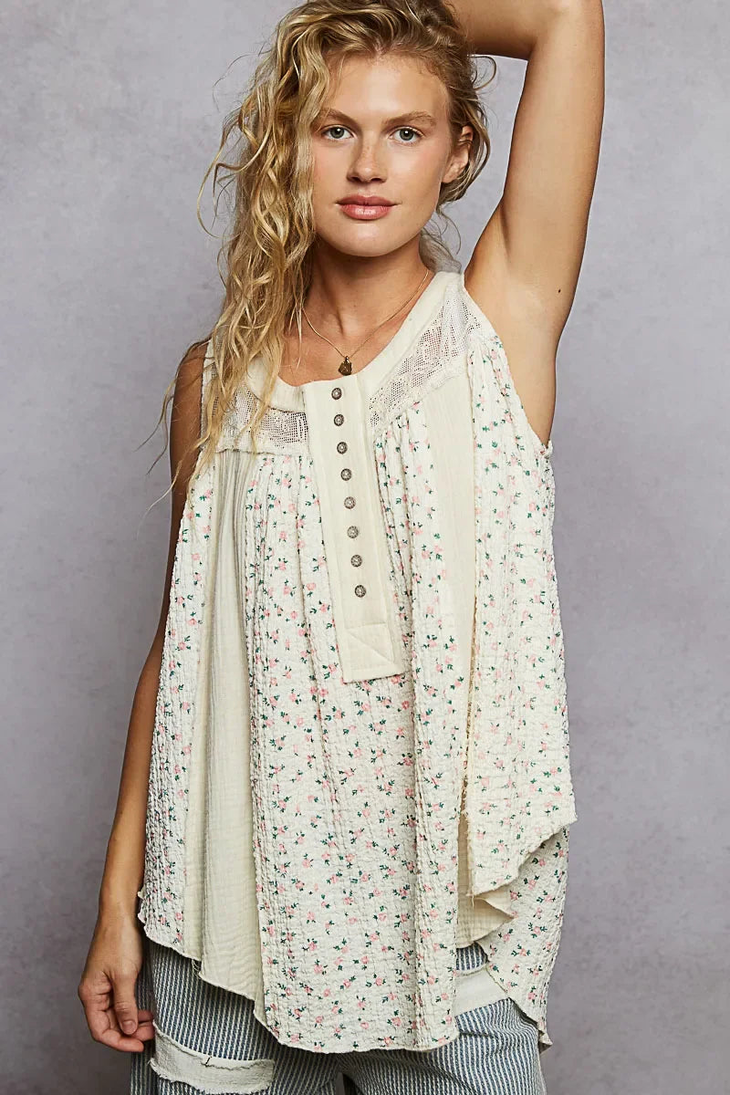 Floral Print Button-Front Lace Patchwork Tank Top - Eva's Edition