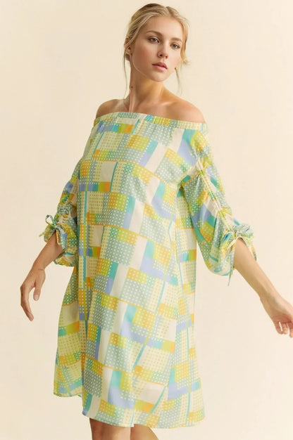 Printed Off Shoulder Drawstring Sleeve Mini Dress - Eva's Edition
