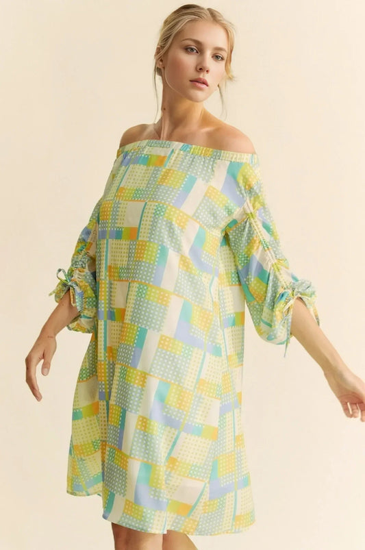 Printed Off Shoulder Drawstring Sleeve Mini Dress - Eva's Edition