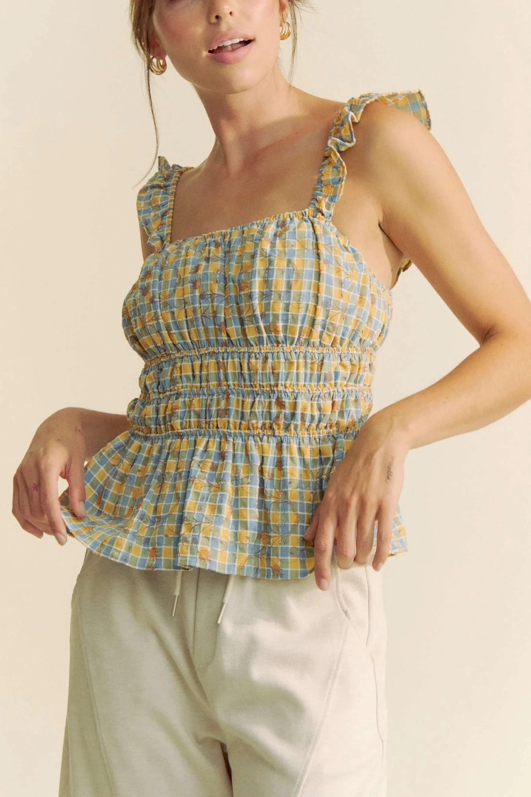 Plaid Ruffled Strap Smocked Sleeveless Top - Eva's Edition