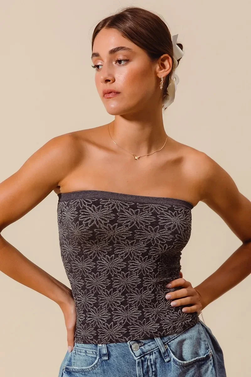 Jacquard Floral Two Tone Seamless Tube Top - Eva's Edition