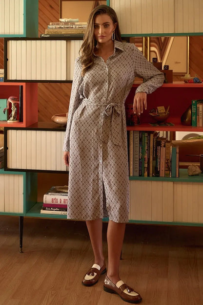 Abstract Print Waist Tie Midi Shirt Dress - Eva's Edition
