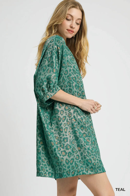 Metallic Leopard Print V-Neck Kimono Dress - Eva's Edition