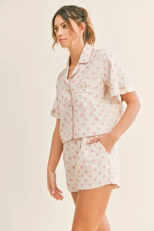 Polka Dot Collar Crop Top and Short Lounge Set - Eva's Edition