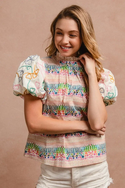 Ruffle Neckline Blouse with Embroidery Bubble Sleeve - Eva's Edition