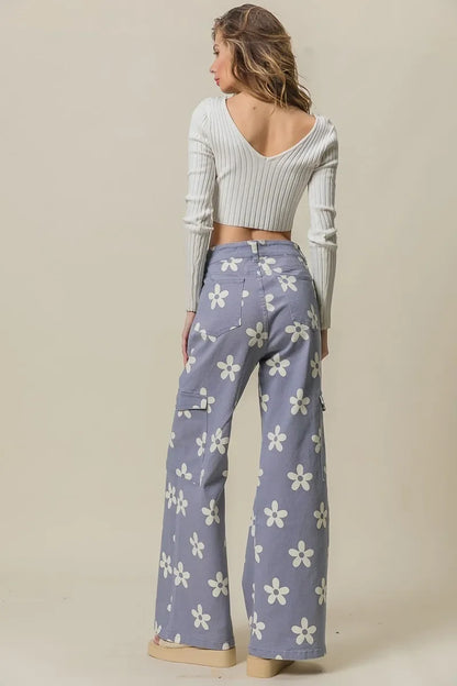 Flower Printed Side Pocket Wide Pants - Eva's Edition