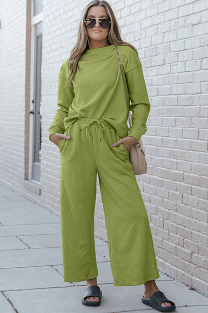 Textured Long Sleeve Top and Drawstring Pants Set - Eva's Edition