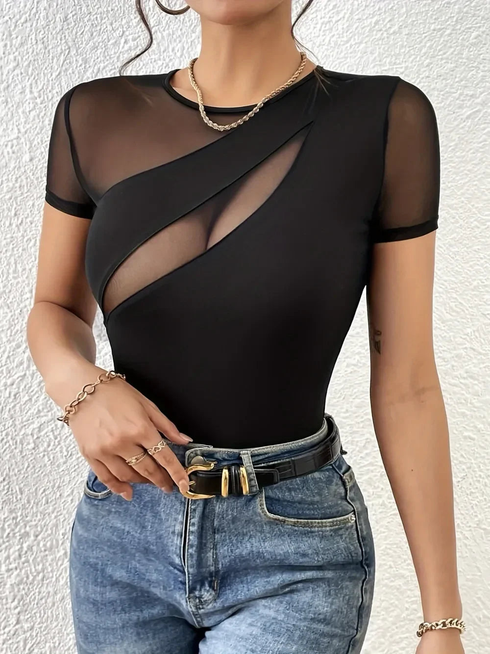 Mesh Patchwork Round Neck Short Sleeve Top - Eva's Edition