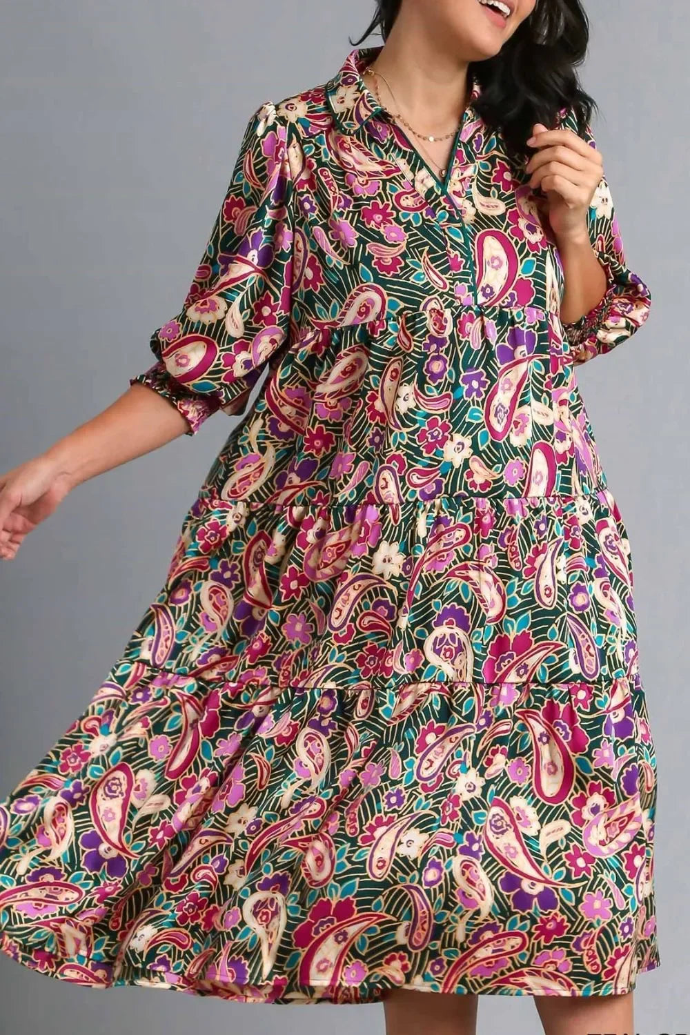 Umgee Full Size Paisley Print Satin Tiered Midi Dress Plus Size - Eva's Edition