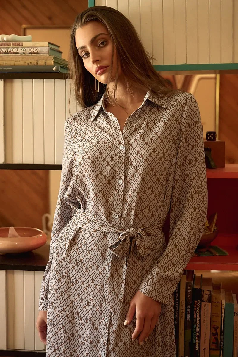 Abstract Print Waist Tie Midi Shirt Dress - Eva's Edition
