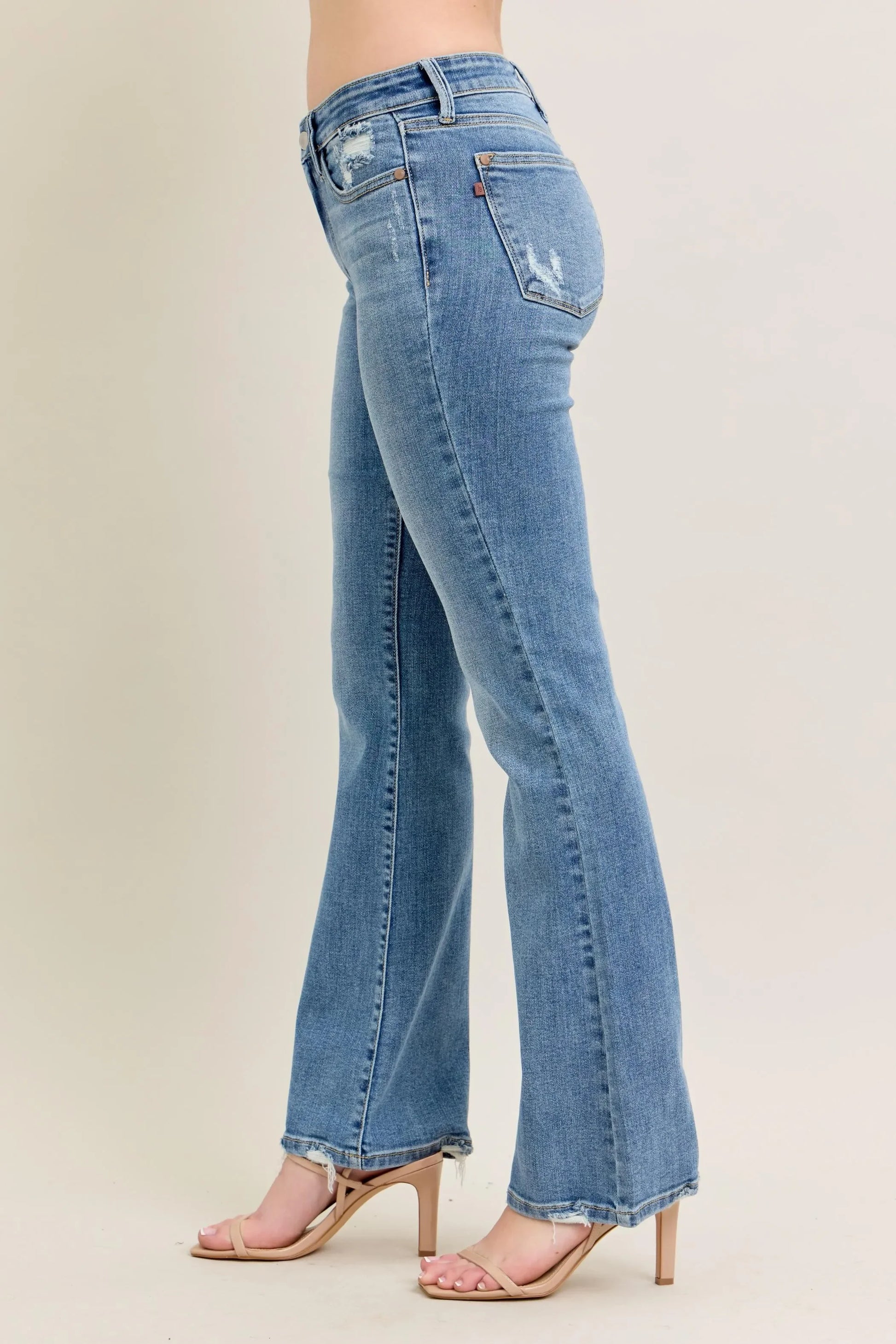 Mid Rise Wash Destroy Hem Bootcut Jeans - Eva's Edition