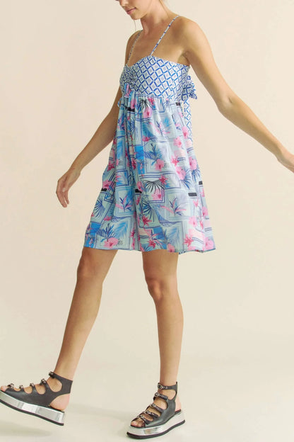 Tropical Floral Geo Print Tie Back Tube Top Romper - Eva's Edition