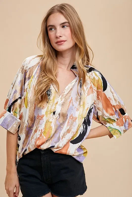 Multi Color Printed V-Neck Open Woven Blouse Top - Eva's Edition