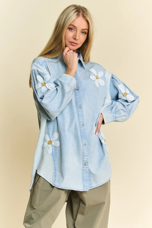 Lightweight Washed Daisy Patch Waffle Knit Shirt - Eva's Edition