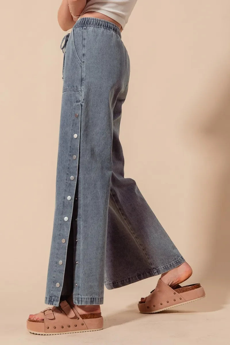 Mid Rise Drawstring Jeans with Side Snap Button - Eva's Edition
