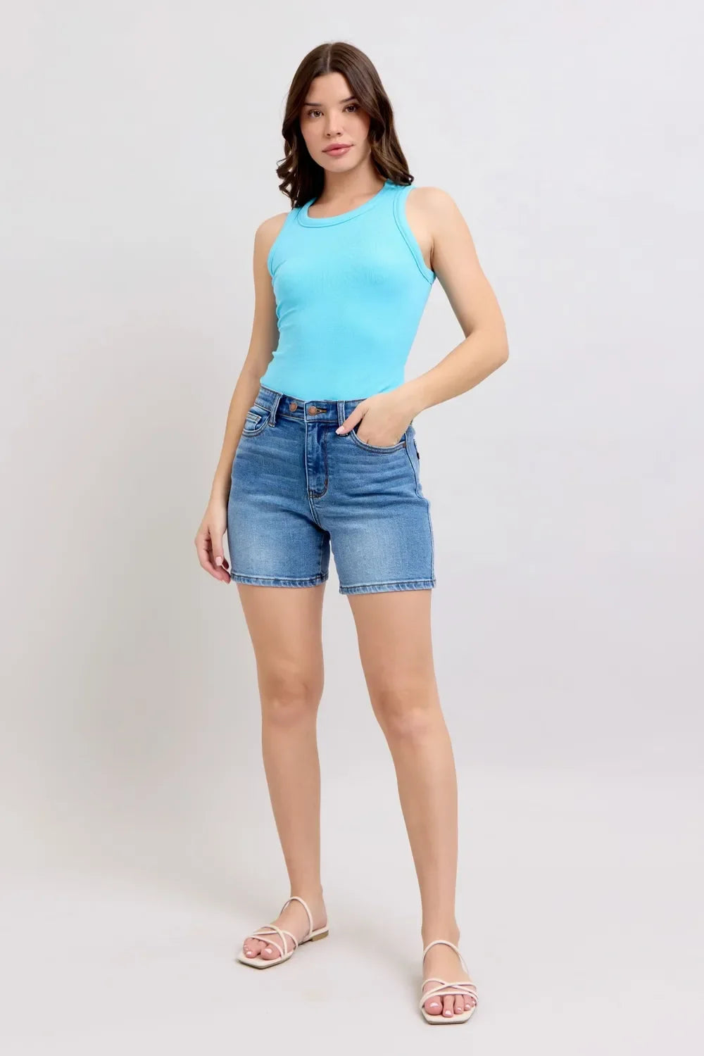 2 Button Denim Shorts with Pockets Plus Size - Eva's Edition