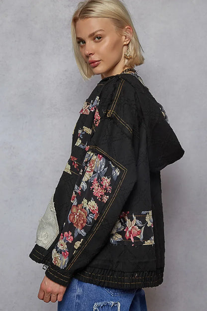 Floral and Lace Patch Washed Jacket - Eva's Edition
