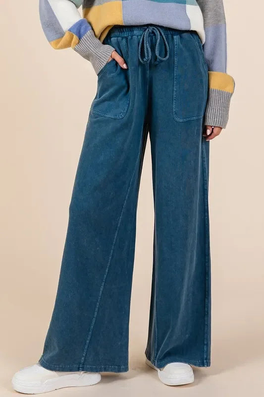 Mineral Wash French Terry Drawstring Wide Leg Pants - Eva's Edition