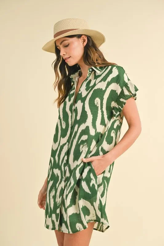 Abstract Printed Frill Sleeve Shirt Mini Dress - Eva's Edition